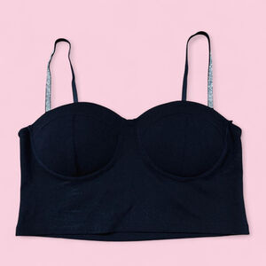 Glam Emo Whimsigoth Club Party Black Bralette Rhinestone Straps Large